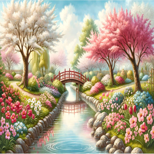 Park Lake with Red Bridge