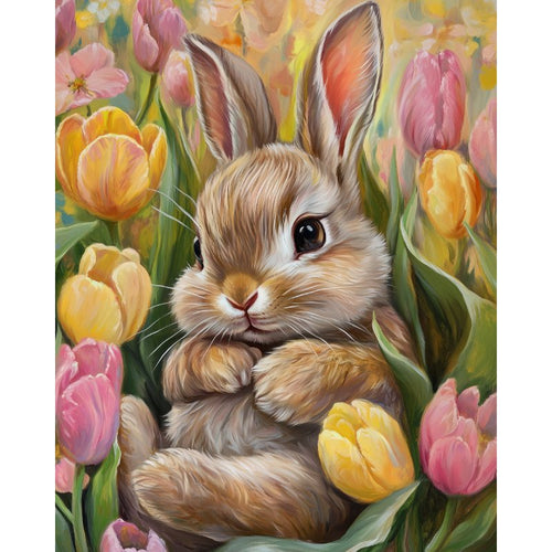 Cute rabbit laying in tulips