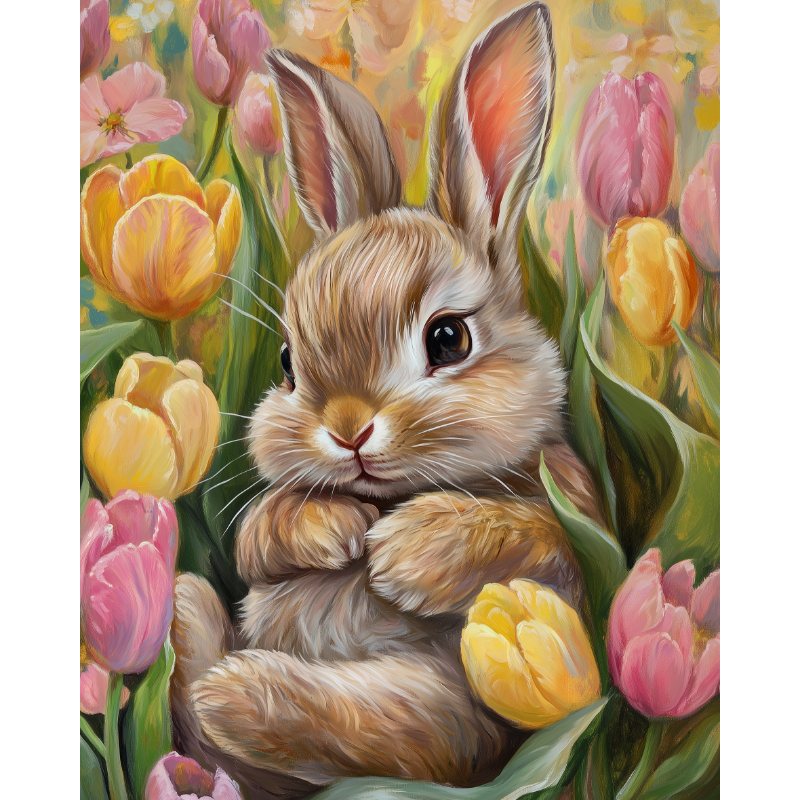 Cute rabbit laying in tulips