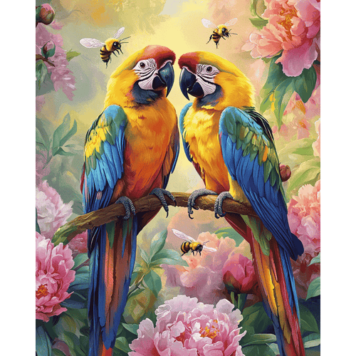 Parrots and flowers