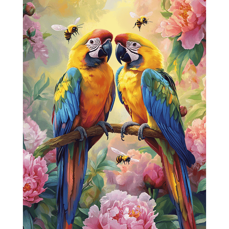 Parrots and flowers