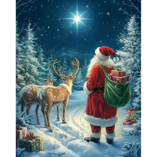 Santa Claus with his reindeer at night