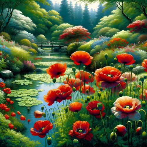 Lake with Red Flowers