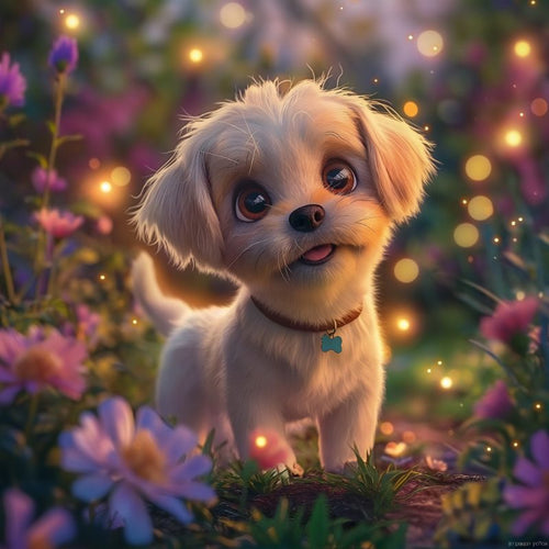 Cute dog in magical forest