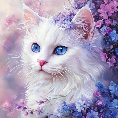 White cat with flowers
