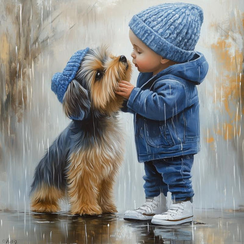 Boy with dog in the rain