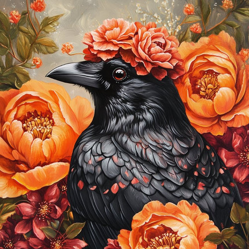Raven with flowers