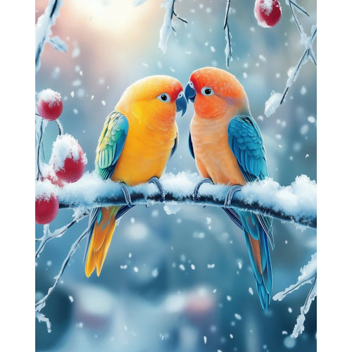 Colorful parakeets in the snow