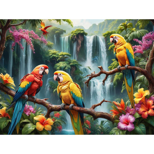 Parrots by Waterfall